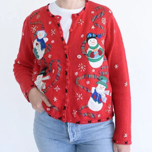 Vintage Designers Studio Red Snowman Christmas Knit Button Up Cardigan Sweater M